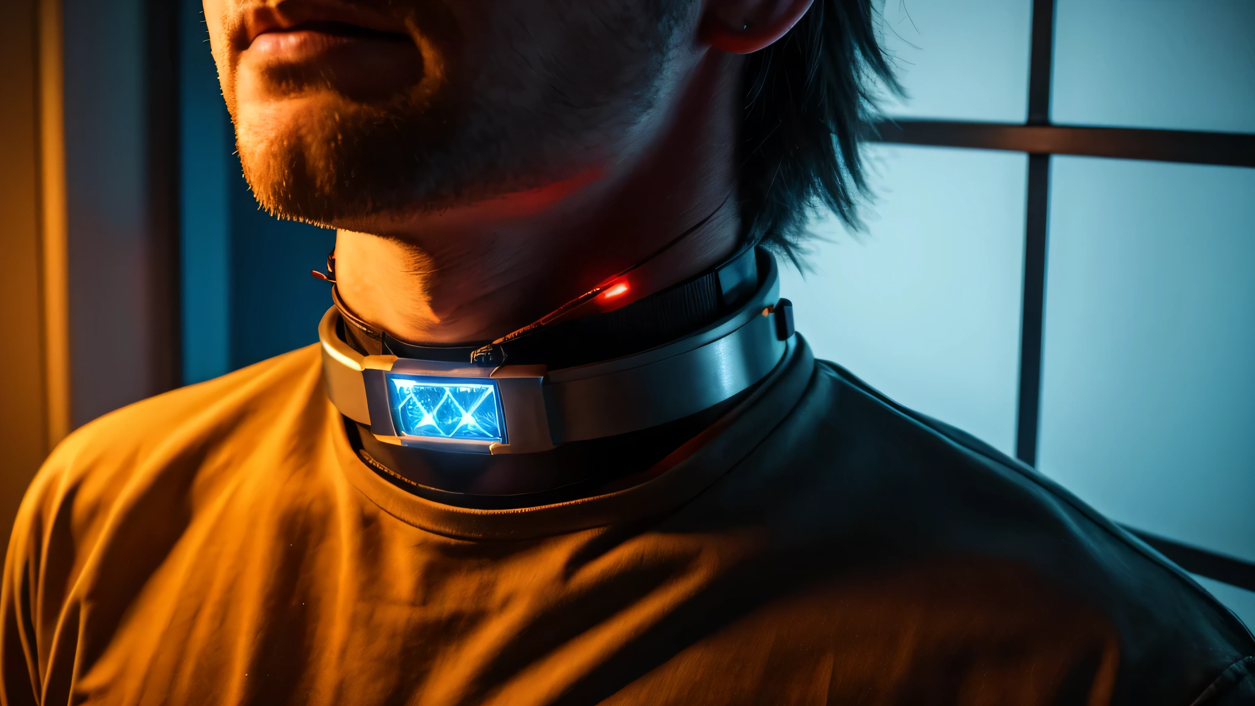 image of man prisoner wearing a metal sci-fi collar with lights on it around her upper neck