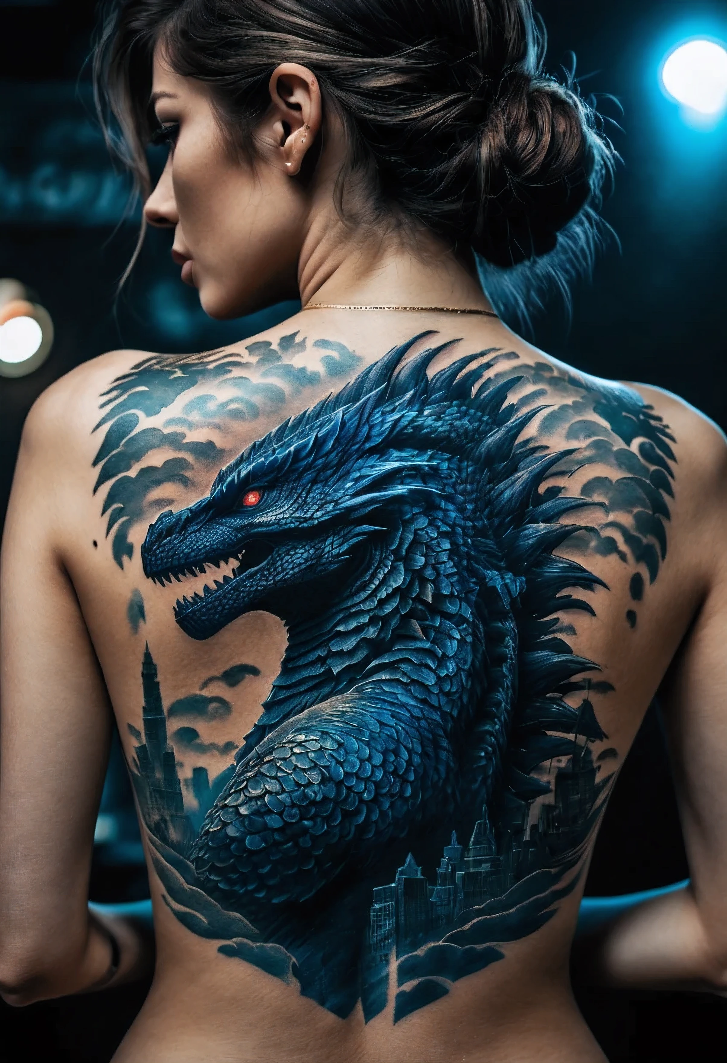 photo of back tattoo godzilla-face, woman's back, flash photography, dark nightclub, intricate, medium shot, blue (detailed, high quality highres high saturation 8k)