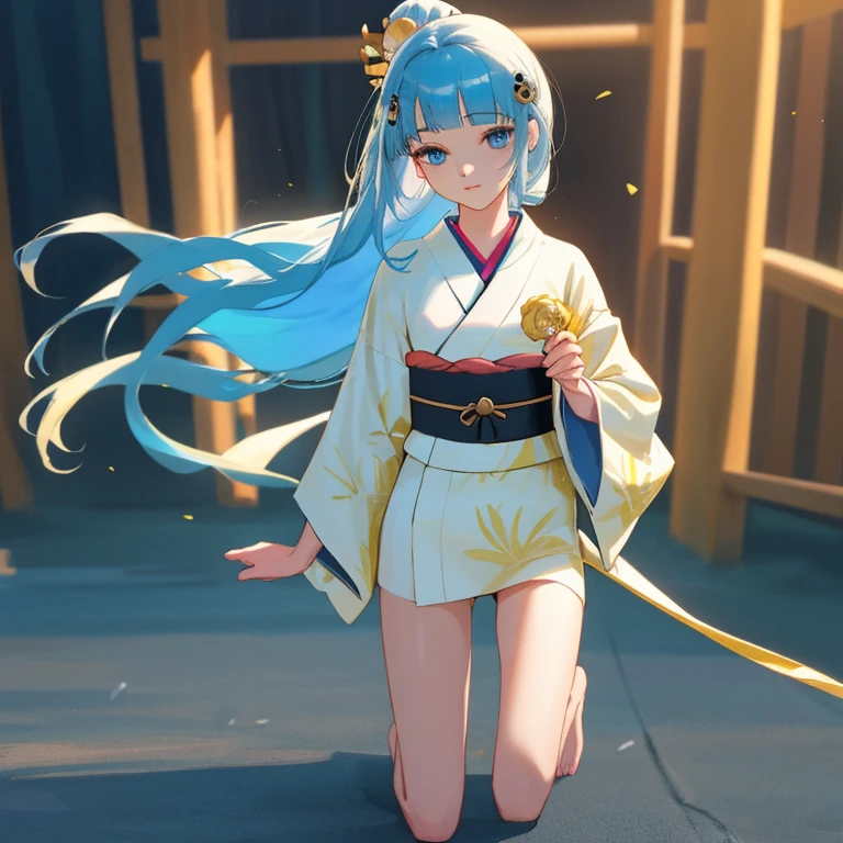 {{{{amazing quality, great quality, high quality, very aesthetic, aesthetic, best quality}}}}, 
realistic, photo, shadow, Three-dimensional, absurdres, Digital art, 
{{{{Magical girl}}}}, beautiful girl, lovely, charming, one girl, 
light blue hair, long hair, straight hair, trimmed hair, shiny hair, blunt bangs, short sideburns, 
blue eyes, big eyes, round eyes, tareme, 
{{flat chest}}, {{small breasts}}, {{detailed body}}, slim thighs, thin thighs, , {{{{{{white mini kimono}}}}}, {{yellow kimono obi}}, {{skull-shaped hair ornament}}, barefoot, Geta for women, 