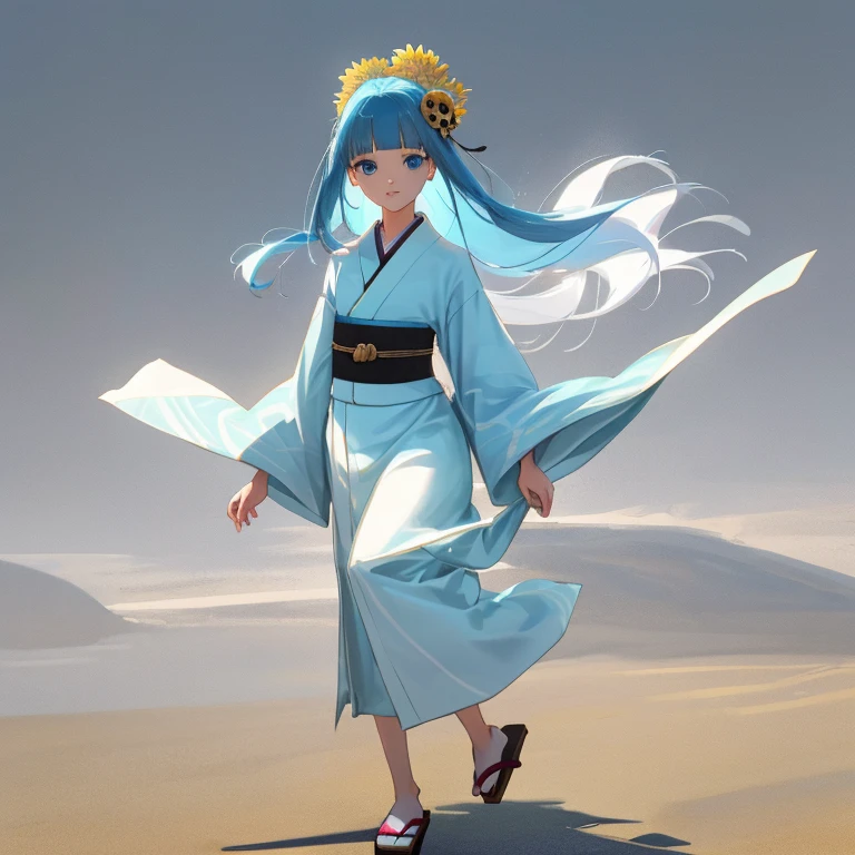 {{{{amazing quality, great quality, high quality, very aesthetic, aesthetic, best quality}}}}, 
realistic, photo, shadow, Three-dimensional, absurdres, Digital art, 
{{{{Magical girl}}}}, beautiful girl, lovely, charming, one girl, 
light blue hair, long hair, straight hair, trimmed hair, shiny hair, blunt bangs, short sideburns, 
blue eyes, big eyes, round eyes, tareme, 
{{flat chest}}, {{small breasts}}, {{detailed body}}, slim thighs, thin thighs, 17 years old, {{{{{{white mini kimono}}}}}, {{yellow kimono obi}}, {{skull-shaped hair ornament}}, barefoot, Geta for women, 