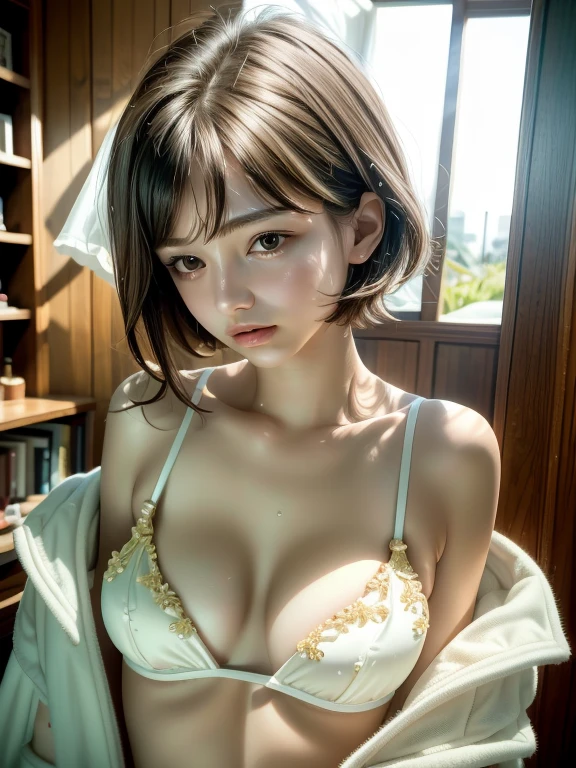 masterpiece, highest quality, Super detailed, 8K, photo-realistic, woman in her 20s, alone, Tomboy, Super detailed face, rim lighting, Upper body, Light brown pixie cut hair, (small breasts:1.5), She is wearing a white bikini with gold embroidery., With Jacket