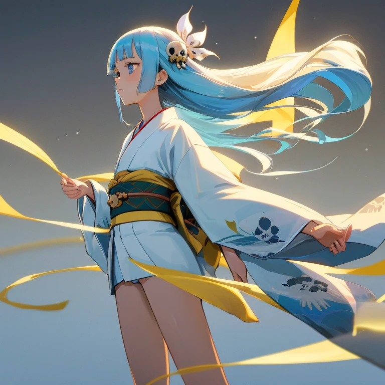 {{{{amazing quality, great quality, high quality, very aesthetic, aesthetic, best quality}}}}, 
realistic, photo, shadow, Three-dimensional, absurdres, Digital art, 
{{{{Magical girl}}}}, beautiful girl, lovely, charming, one girl, 
light blue hair, long hair, straight hair, trimmed hair, shiny hair, blunt bangs, short sideburns, 
blue eyes, big eyes, round eyes, tareme, 
{{flat chest}}, {{small breasts}}, {{detailed body}}, slim thighs, thin thighs, 17 years old, {{{{{{white mini kimono}}}}}, {{yellow kimono obi}}, {{skull-shaped hair ornament}}, barefoot, Geta for women, 