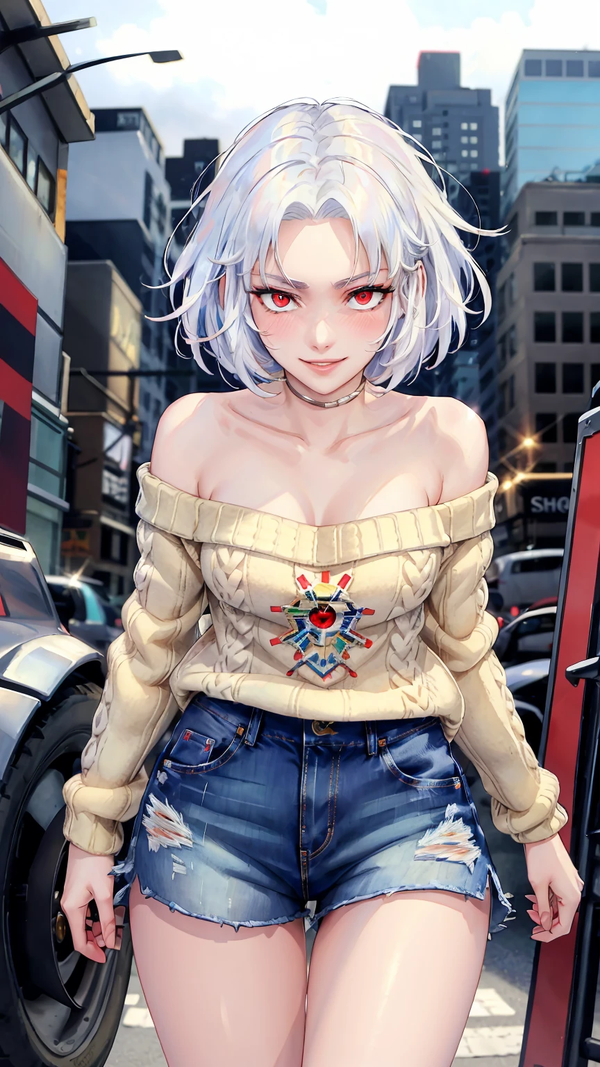 ((((masterpiece, best quality, high resolution)))), (1girl:1.5), ((short hair, white hair, red eyes, sharp eyes)), (average breasts:1.2), blush, (light smile, parted lips), glow, thighs, bare shoulders, collarbone, narrow waist, (slender body figure), (beautiful detailed face, beautiful detailed eyes), ((faux sweater, jeans shorts)), (standing up), looking at viewer, city, (cowboy shot)