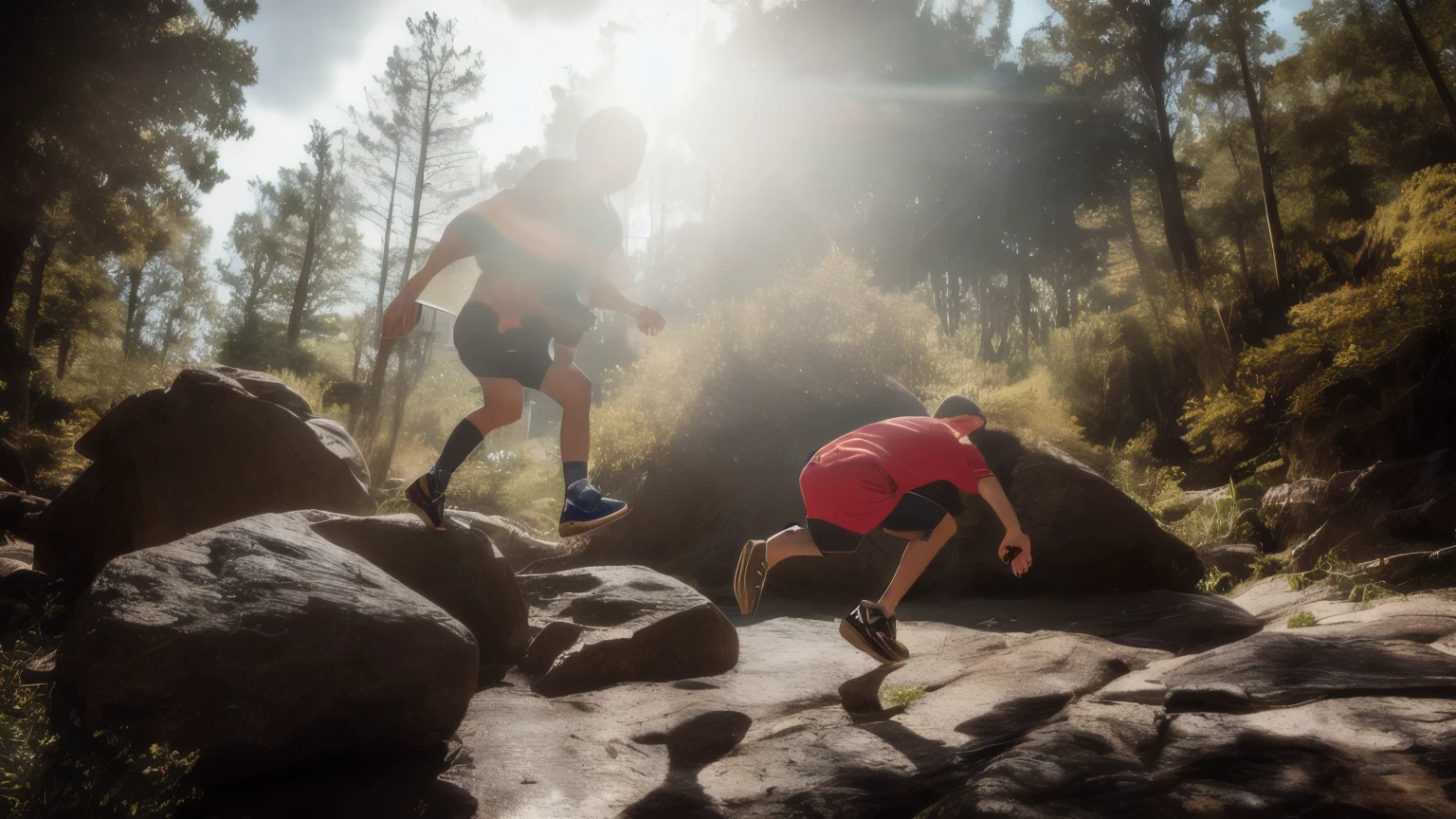 hyper ultra realistic photographs full body of A playful embarks on a backyard adventure, scrambling over moss-covered boulders and gleefully jumping from rock to rock. Their laughter echoes through the air as they conquer each miniature mountain, the thrill of exploration written on their face. ratio 16:9, 4k, 8k resolution, High quality photo, high detailed, imagesharp focus, Cinematic lighting,hyperdetailed & Unreal engine, detail, realism, photography,cinematography, camera NIKON, lens NIKKOR flagship, masterpiece. hyper-maximalism, ultradetailed photorealistic, light skin imperfections, final render, vray, photo, fashion