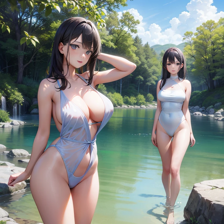 (Masterpiece), ((Best quality)), ((Group scene)), Girls in Hot Springs, ((Solo or multiple girls)), ((Young and beautiful)), ((( hint of shyness or playfulness in their expressions ))), High resolution, Realistic illustrations, Bathing suits, Bubbles, Steam rising, Relaxed posture, ((Sensual and intimate atmosphere)), ((Colorful and lively background)), (((Soft and supple body curves))), ((Subtle and intricate details)), (((Reflecting the natural beauty of the surroundings))), ((Surrounded by lush greenery or scenic landscapes)), ((Blue skies and clear waters)), ((Morning, afternoon or evening)), ((Realistic