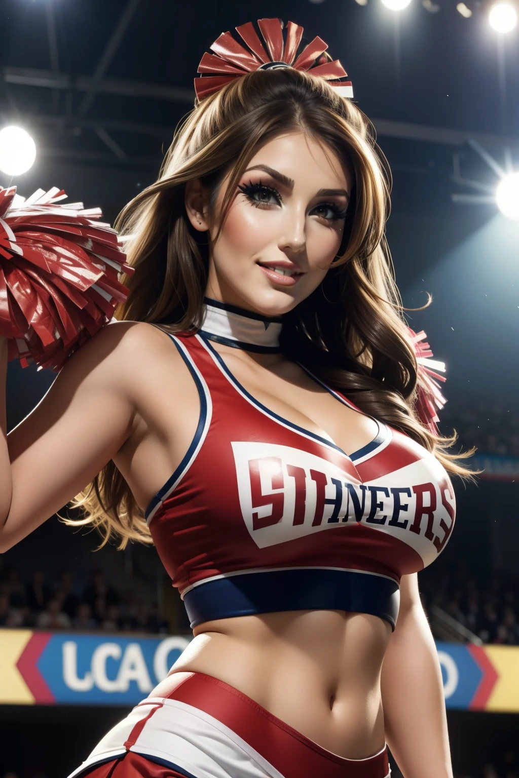 Lucy Pinder, ((Very intense makeup)), cheerleader, smiling