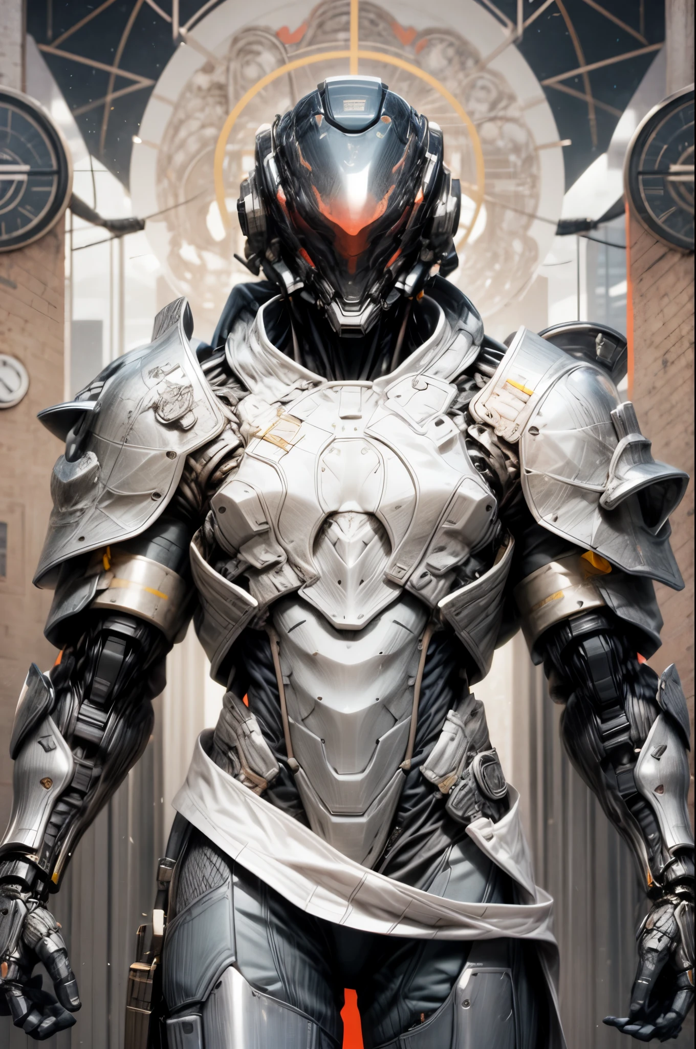 Portrait photo of an alpha male, perfect eyes, wearing a shabby mech suit, (((holding a laser sword))), ((shallow bokeh)), complex, (steel metal [rust]), elegant, sharp focus, photo of Greg Rutkovsky, soft lighting, bright colors, masterpiece, (street)), cowboy shot, dynamic pose, clear gestures,