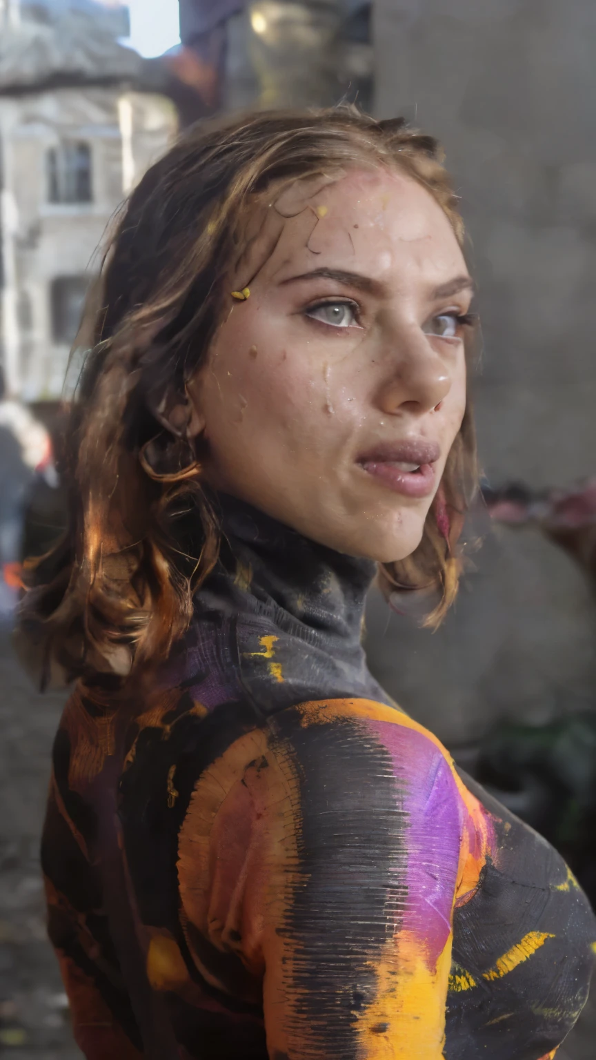 (((Hyper photorealistic photograph  )) scarlett johansson, red long hair , beautiful  smile , lots of tatoos , highly sweating body  , large breasts size, toned body, sweaty skin , seductive expression , perfect face, (Highly detailed skin ),[freckles], natural lighting, (direct light:0.4), 8mm film grain, photographed on a Sony a9 II, 24mm lens, F/2.8 aperture(insanely detailed skin texture, hyper photorealistic texture, detailed features, depth of field) huge breast, sexiest body,huge yellow eyes, black hair, short hair, (pale skin:1.3), ((wearing a colorful tight turtleneck patterned sweater dress)), (detailed eyes, detailed face):1.2), (black hair), (walking, outdoors, , city street)
