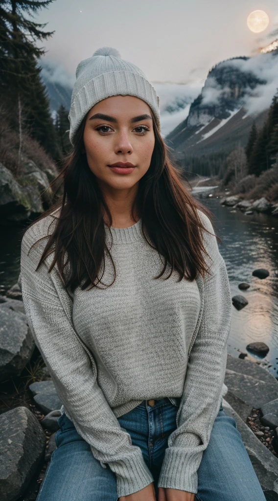 photorealistic, best quality, hyper detailed, beautiful woman, selfie photo, upper body, solo, wearing pullover, 3 different style and cloths ,outdoors, (night), mountains, real life nature, stars, moon, (cheerful, happy), sleeping bag, gloves, sweater, beanie, flashlight, forest, rocks, river, wood, smoke, fog, clear sky, analog style, looking at viewer, skin texture, film grain, close up, ultra high res, best shadow, RAW, instagram LUT