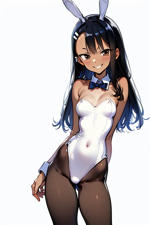 pantyhose, playboy bunny girl suit, black hair, hair ornament, smiling, highly detailed, HD