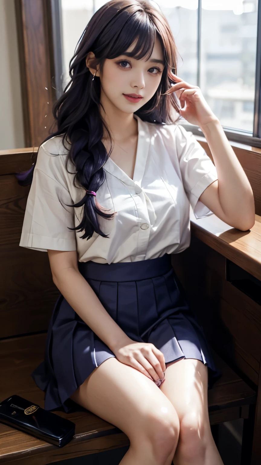 ulzzang -6500-v1.1, (original photo:1.2), (Realism:1.4), (1 Beautiful and delicate girl), Very detailed的眼睛和脸, Beautiful detailed purple eyes, high resolution, Very detailed, best quality, masutepiece, (Body-beautifying:1.2)、((beautfully face、Body-beautifying:1.2))、(Super beautiful face:1.5)、(droopy eyes:1.2)、Purple hair big breasts、purple hair,thick braid,Bangs、Nogizaka46、AKB48、(Japanese traditional school uniform、White short-sleeved sailor suit:1.2)、(Navy blue pleated skirt:1.2)、8K、wallpaper、detail、work、light、high school student、()、dynamic poses、Navy blue socks、Clear the seat、 (School gymnasium:1.2)、Smile、gentle expression、droopy eyes、