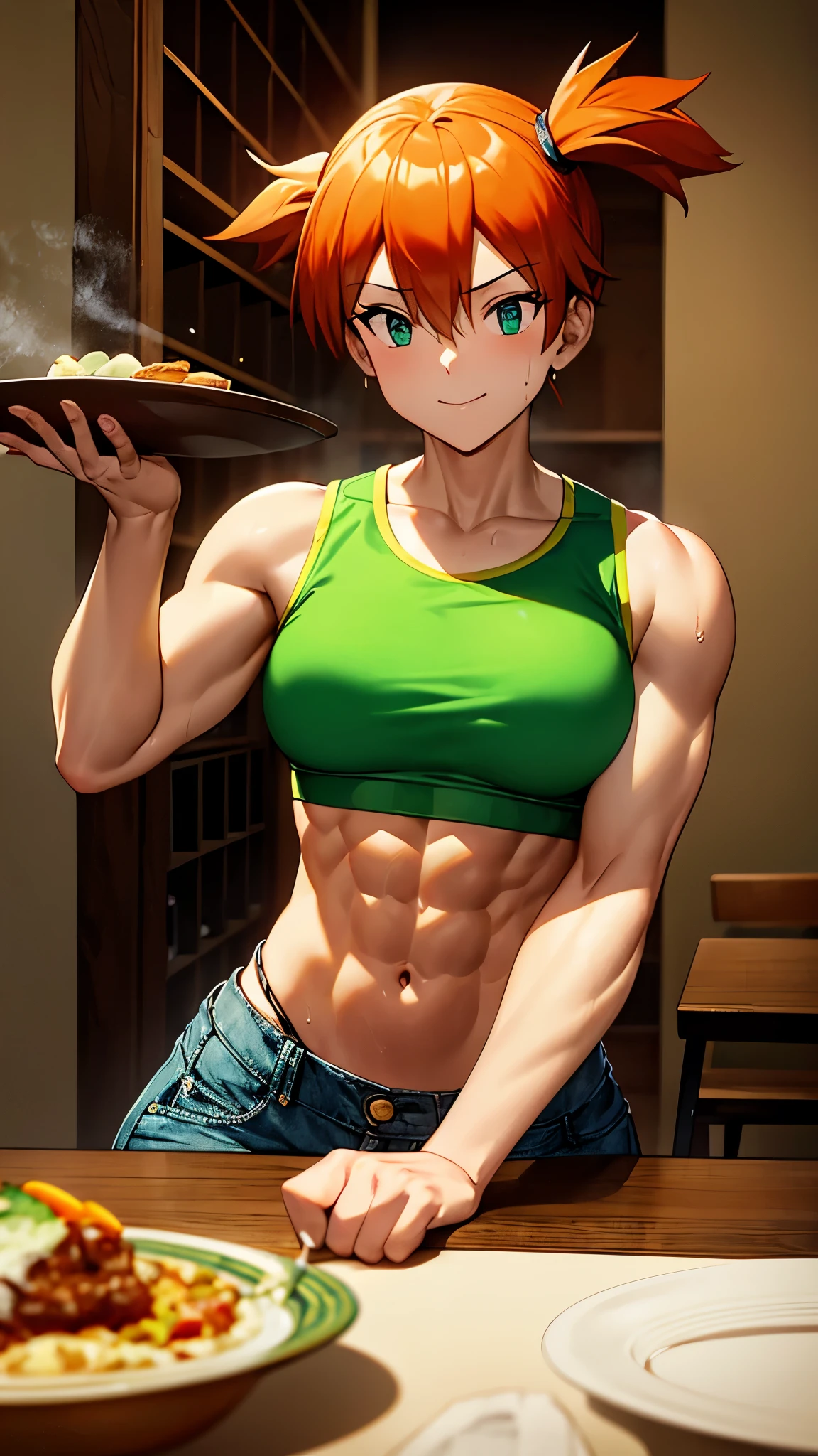 best quality,ultra-detailed,misty, 1girl, breasts, looking_at_viewer, short_hair, closed_mouth, bangs, navel, hair_between_eyes, bare_shoulders, sitting, green_eyes, full_body, sleeveless, midriff, orange_hair, side_ponytail, crop_top, looking_to_the_side, eyelashes, bare_legs, sleeveless_shirt, leaning_forward, arm_support, suspenders, tank_top, denim_shorts, yellow_shirt, hair_tie, green_shorts, suspender_shorts, yellow_tank_top,strong,confident,muscular female bodybuilder,fit and toned physique,strong defined muscles,sweating and exerting power,flexing biceps and triceps,lean and ripped abs,bulging veins,strong and powerful legs,fierce determination and focus,intense workout,heavy weightlifting,athletic apparel and gear,fitness studio,professional lighting,sharp contrast and shadows,vibrant colors,high energy and intensity,inspiring and empowering,sculpted body,inspiring others,dedication and discipline,healthy lifestyle,the epitome of strength and empowerment,a bustling restaurant scene,fine dining experience,luxurious surrounding,immaculately set tables,tastefully decorated interior,impeccable service,attentive waitstaff,an array of exquisitely presented dishes,fresh ingredients,top-notch culinary skills,cutting-edge kitchen equipment,meticulously plated desserts,candlelit ambiance,soothing background music,pleasant aroma,diverse menu options,exquisite wine selection,laughter and conversation,filled with happy patrons,enjoying their meals,clinking glasses and toasting,culinary masterpiece,buzzing atmosphere,warm and inviting,beautifully designed entrance,charming hostess,gourmet experience,relaxed and vibrant,different seating areas,cozy booths and intimate tables,open kitchen concept,smiling chefs,creative culinary creations,colored chef hats,sizzling sounds and aromatic smoke,explosion of flavors,food lovers' haven,welcoming and comfortable,unforgettable dining experience.