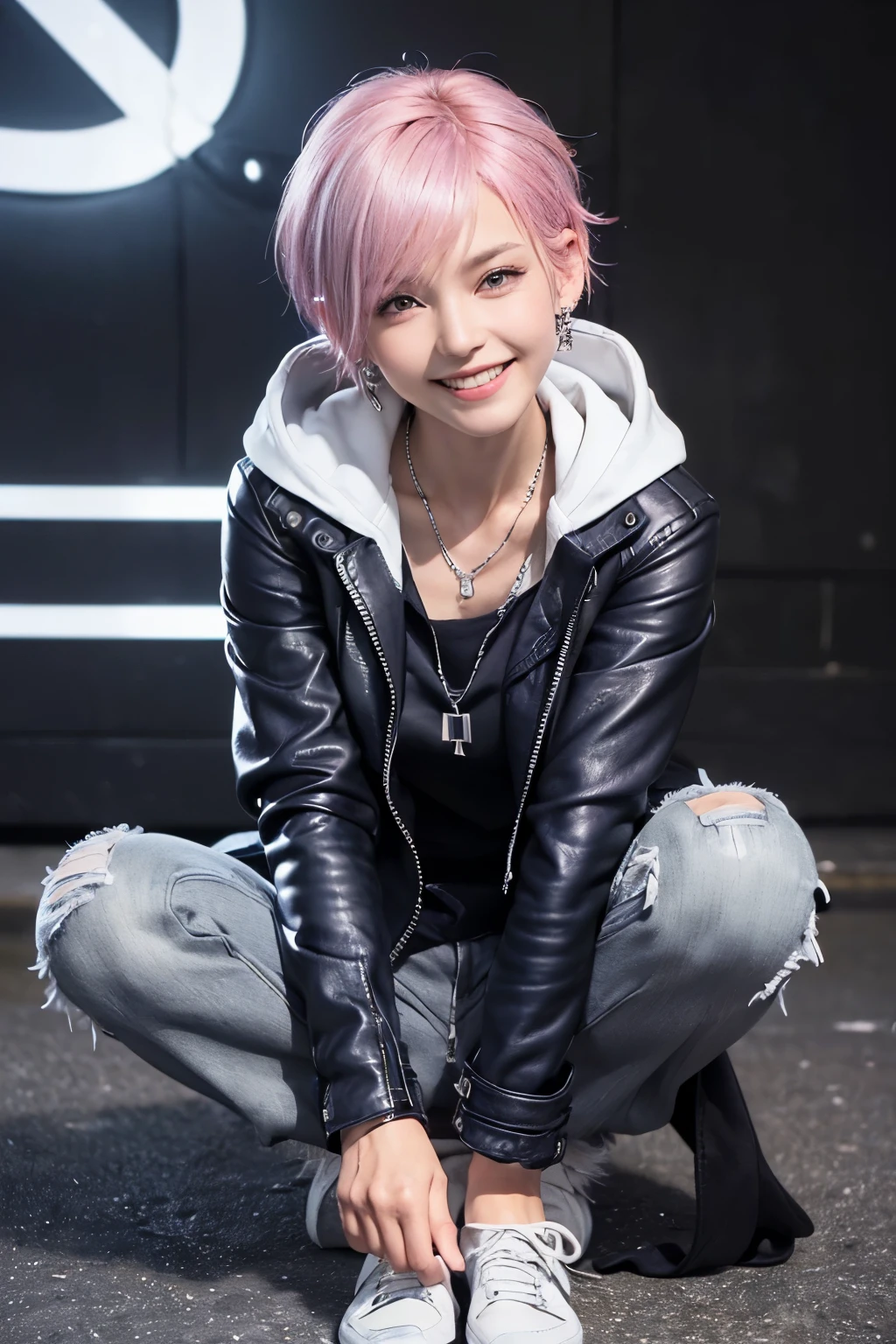 (8K, top-quality, masterpiece:1,2), (reallistic, Photorealsitic:1.37), Super Detail, One girl,), (Highly detailed), (beautifully detailed eyes), (of the highest quality), (super detailed ), (masterpiece), (Detailed face),20yr old, ,1 girl, ((pink hair,Very short hair)), medium breasts, clothed, Perfect Lighting, BREAK (black leather jacket:1.3), (white long sleeve T-shirt:1.2), (gray oversized hoodie:1.4), (black skinny jeans:1.2), (slim and stylish silhouette:1.3), (ribbed hem and cuffs on hoodie:1.2), (fur collar and pockets on jacket:1.2), no socks, (white sneakers:1.2), (silver earrings and necklace:1.2), BREAK (cool confident smile:1.4), (right hand in jacket pocket:1.2), (left hand pulling hoodie over head:1.2), (urban night view:1.3), (dark blue and purple colors:1.2), (flash from slightly upper left:1.2), (highlight on face and clothes:1.2), (shadow on slightly lower right:1.2), (silver earrings and necklace:1.2), (upper body only:1.2), (face tilted:1.2), (looking at camera:1.2)