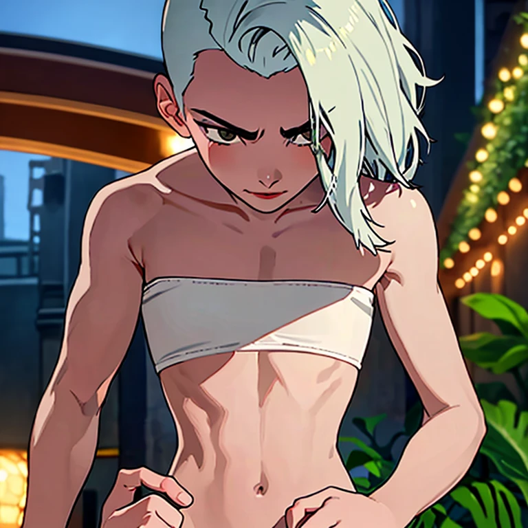 1 boy, 1 girl, crop top, behind, to frown, Glucose as in the video, hair between eyes, Jewelry, pomade, Looking at the viewer, draw up, sexuality, In the jungle, в Livchikе, in a bikini, , smile, One, Toes, naked body, Livchik, White hair (cienatic look:1.4), soothing tones, crazy details, complex parts, Super detailed, low contrast, soft cinematic light, dull colors, exposure blend, HDR, faded, slate gray atmosphere