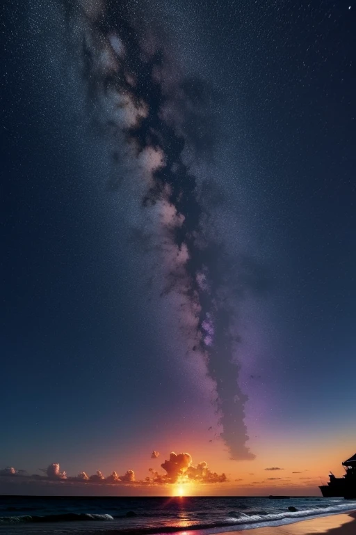 (obra de arte, melhor qualidade:1.4), cinematic light, colorida, alto contraste, Neon, sky, luz solar, space, praia, Aceno, nobody, Fotografia de paisagem expansiva, (a view from below that shows the sky above and the sea below use a lot of purple and orange, detalhes, warm colors and vibrant Japanese anime style