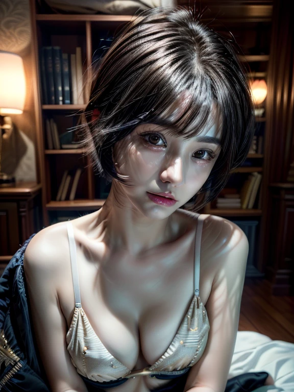 masterpiece, highest quality, Super detailed, 8K, photo-realistic, woman in her 30s, alone, Tomboy, Super detailed face, rim lighting, Upper body, dark blue pixie cut hair, ((small breasts:1.5)), She is wearing a white bikini with gold embroidery., With Jacket