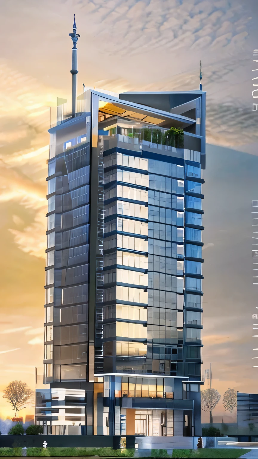 drawing of a building with a clock tower on top of it, architectural sketch, architectural concepts, architectural concept, architectural illustration, architectural rendering, vertical architecture, conceptual, perspective view, architectural drawing, architecture drawing, architecture blueprint copy, artwork of a building, tall skyscraper, inspired by Tadao Ando, concept image, tall building, colorful architectural drawing, conceptual rendering,front yard, stone and grass path,