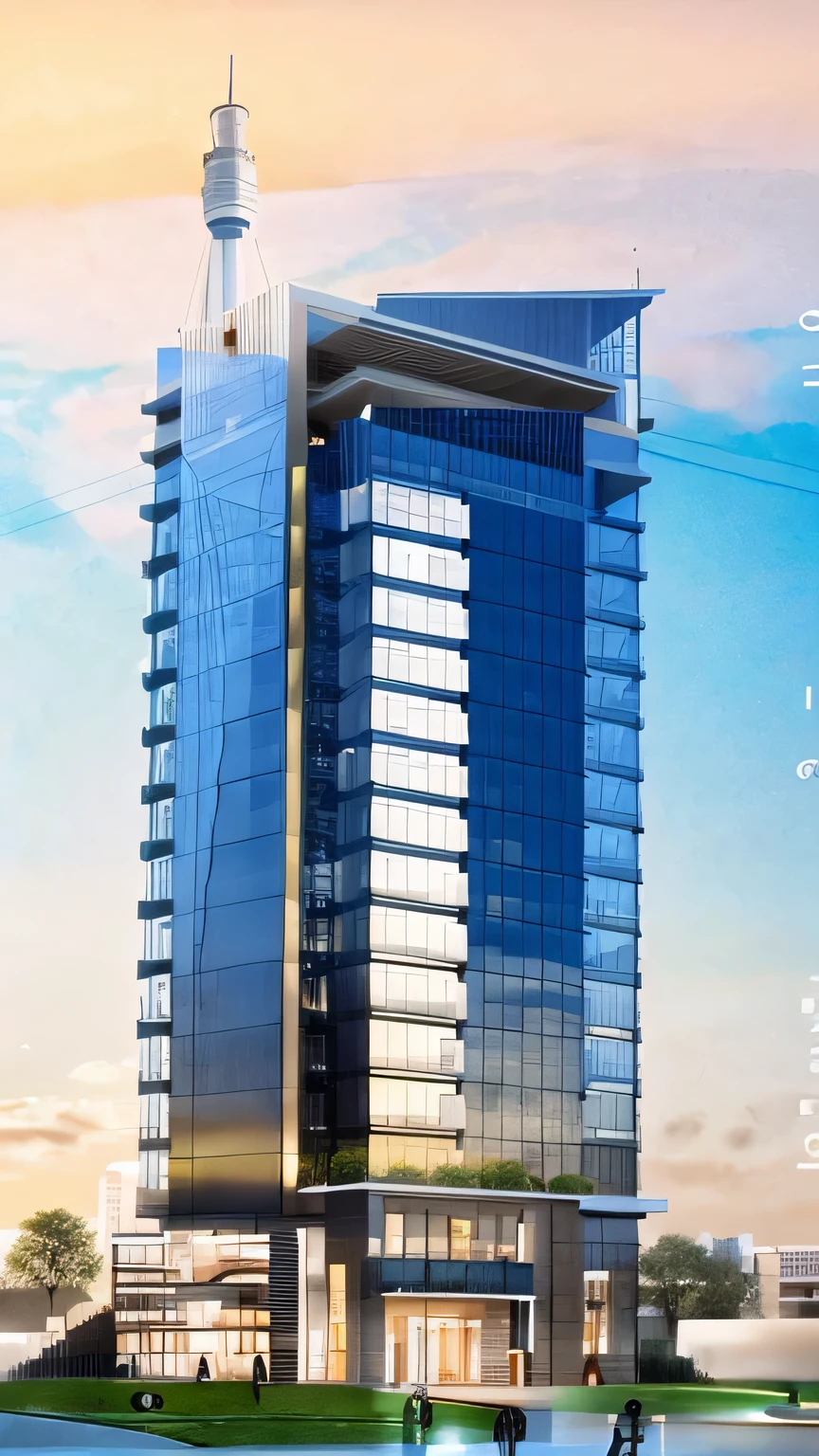 drawing of a building with a clock tower on top of it, architectural sketch, architectural concepts, architectural concept, architectural illustration, architectural rendering, vertical architecture, conceptual, perspective view, architectural drawing, architecture drawing, architecture blueprint copy, artwork of a building, tall skyscraper, inspired by Tadao Ando, concept image, tall building, colorful architectural drawing, conceptual rendering,front yard, stone and grass path,