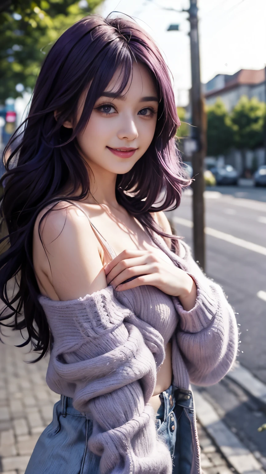 best quality、high quality、cutes、solo、Beautiful purple hair、beautiful purple eyes、Smile、????? and changing clothes、image behind、
