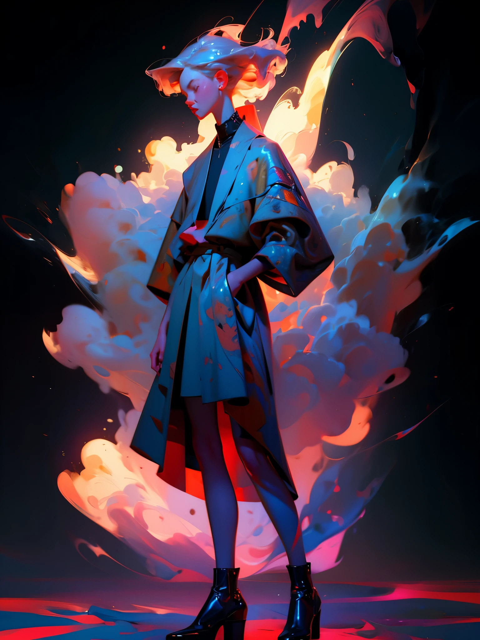 Man wearing trendy clothes, in an abstract oil painting style, fashion show, The painting is ultra-high detailed and has a resolution of 8k, showcasing the best quality and craftsmanship. The background is colorful, with a touch of fog and mist, creating a mysterious atmosphere. There is a subtle lens flare effect, adding a dynamic element to the artwork. This painting aims to be reminiscent of luxury brand advertising, showcasing the beauty and elegance of the fashion world.