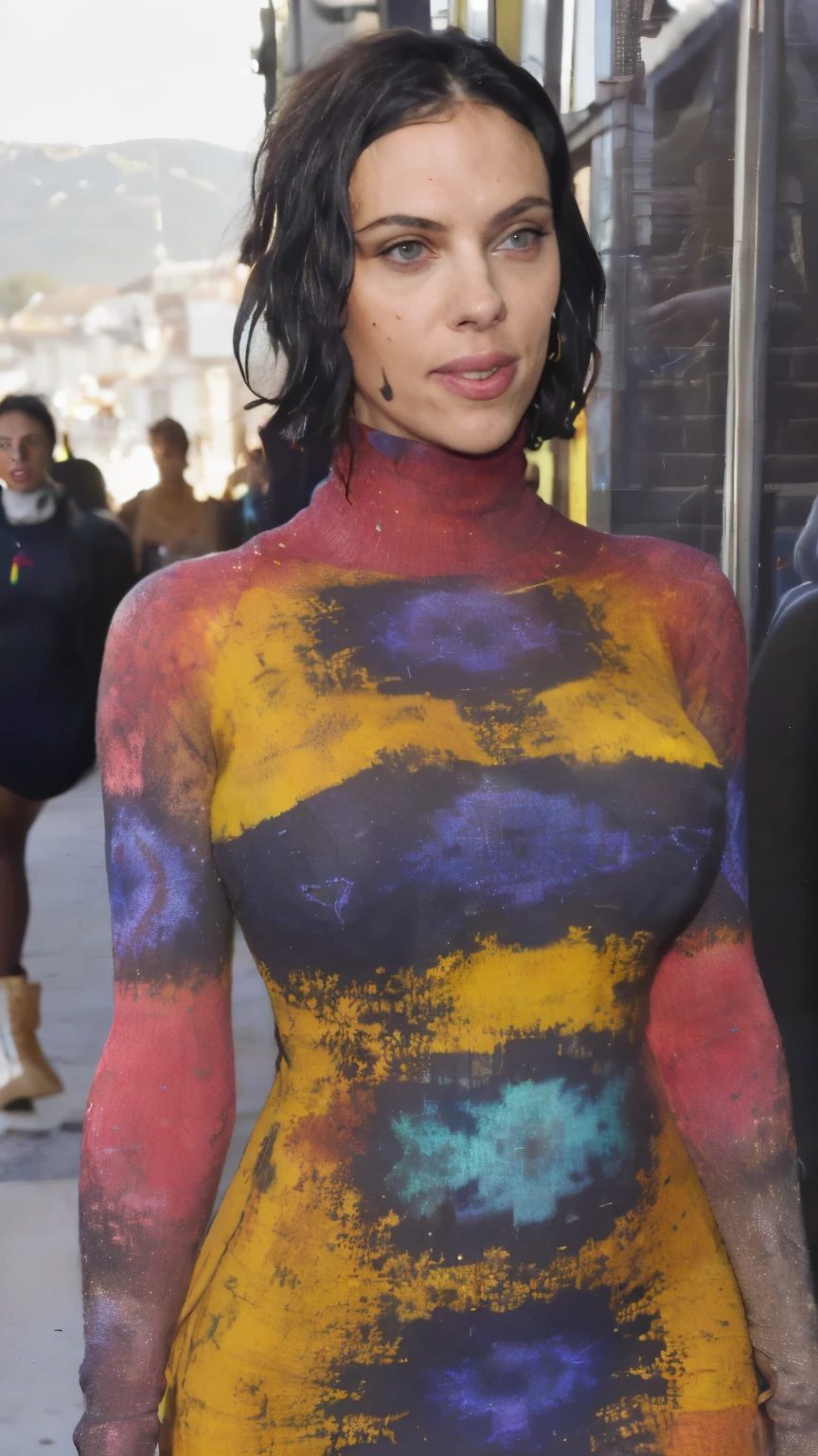 (((Hyper photorealistic photograph )) scarlett johansson, red long hair , beautiful smile , lots of tatoos , highly sweating body , large breasts size, toned body, sweaty skin , seductive expression , perfect face, ( huge breast, sexiest body,huge yellow eyes, black hair, short hair, (pale skin:1.3), ((wearing a colorful tight turtleneck patterned sweater dress)), (detailed eyes, detailed face):1.2), (black hair), (walking, outdoors, , city street)