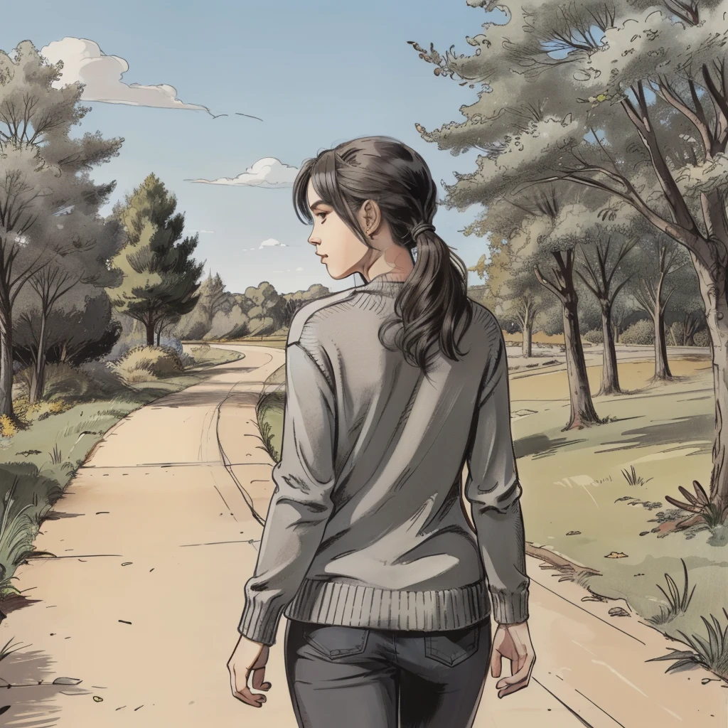 a 21 years old cute girl and wearing a grey colored sweater walking on a pathway . Every line and shading brings out her distinctive features. The background showcases a blue sky, with trees everywhere. (her backside will be visible)