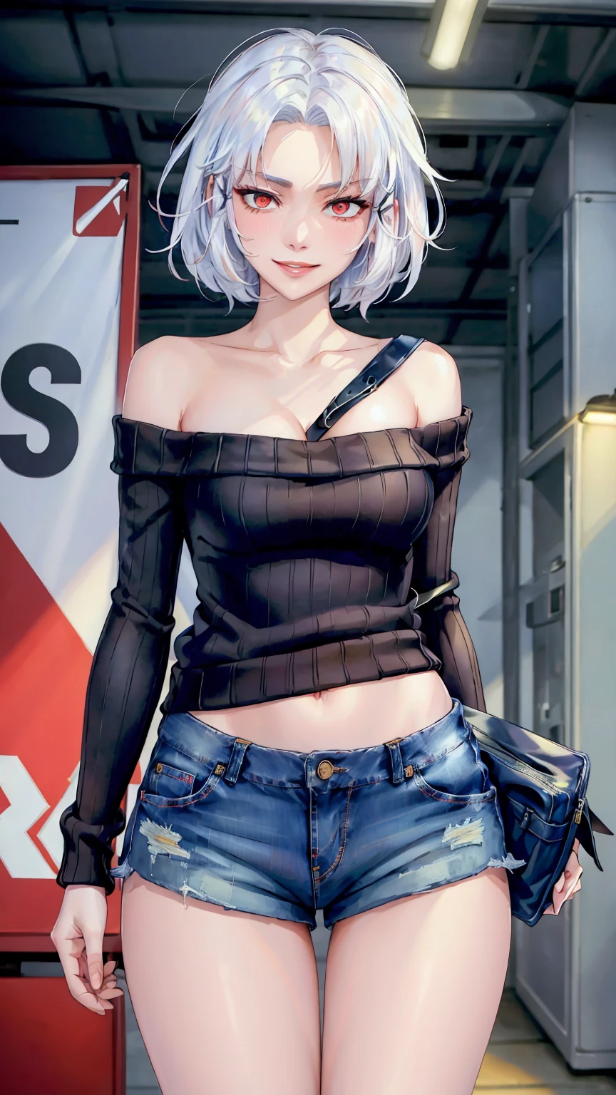 ((((masterpiece, best quality, high resolution)))), (1girl:1.5), ((short hair, white hair, red eyes, sharp eyes)), (average breasts:1.2), blush, (light smile, parted lips), glow, thighs, bare shoulders, collarbone, narrow waist, open waist, (slender body figure), (beautiful detailed face, beautiful detailed eyes), ((sweater, jeans shorts)), (standing up), looking at viewer, (cowboy shot)