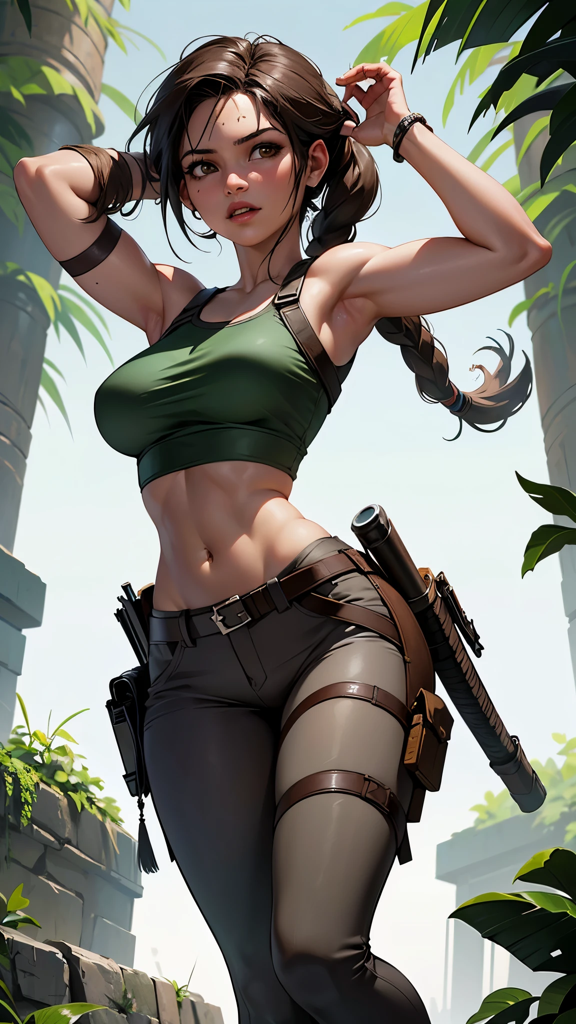 (La mejor calidad,A high resolution,Ultra - detallado,actual),Lara Croft de "Tomb Raider" ,cabello largo trenza, Brown hair braid pigtails, top color azul, pantalones cortos plomo, fondo selva Africana ruinas hojas grandes, carnivorous wild plants, ,More detailed 8K.motor irreal:1.4,UHD,La mejor calidad:1.4, fotorrealista:1.4, textura de la piel:1.4, obra maestra:1.8,obra-prima, mejor calidad,objeto Objeto], (detailed face features:1.3),(Las proporciones correctas),(convexo Dedos detallados),(Ojos hermosos azules),(pantalones cortos ajustado plomo:1.4),(pose vaquero),  (Lara Croft de "Tomb Raider":1.4)