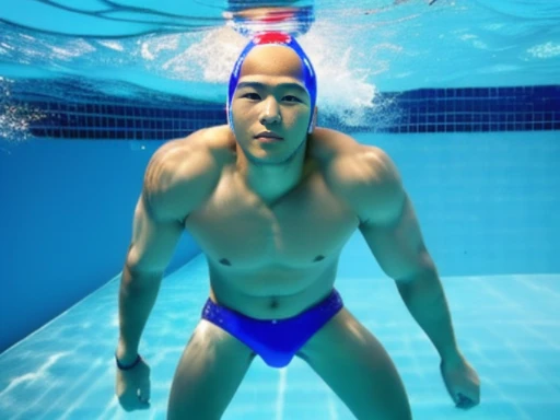 Full body image of a Japanese man、A male student is falling、A member of the male swimming team has collapsed.、A male lifesaving member collapses.、A member of the men&#39;s water polo team has collapsed.、Shaved Head Man、Dark-skinned man、muscular man、man sinking in the bathtub、man sinking at the bottom of the pool、man sunk to the bottom of water、A man wearing a skin-tight black speedo swimsuit、A young man sinking with his eyes open、Young man sinking with his mouth open、Man lying on his back、A man with a surprised expression、A man with a sad expression、strangled man、man being suffocated、Full body image of a man submerged in water、A man participating in a swimming competition、competitive swimming man、swimming school men、male swimming instructor、one man、male player、A man wearing nothing on his upper body、A man pretending to be murdered、male actor playing a corpse、The man who plays the role of being killed underwater、Suspense drama、mystery drama、Underwater perspective、perspective from below、A young man opens his eyes and plays the role of a corpse.、The whole body is visible、facing forward