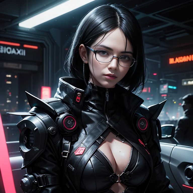 masterpiece, best quality, 1 fil with black hair and glasses, cyberpunk style, only exposed up to the waist, radiating a sexy and alluring appearance, intricately detailed, neon colors illuminating the dark background, dynamic shadows, sharp edges, captivating and thought-provoking composition, realistic textures, perfect harmony of technology and humanity, engaging and immersive atmosphere.