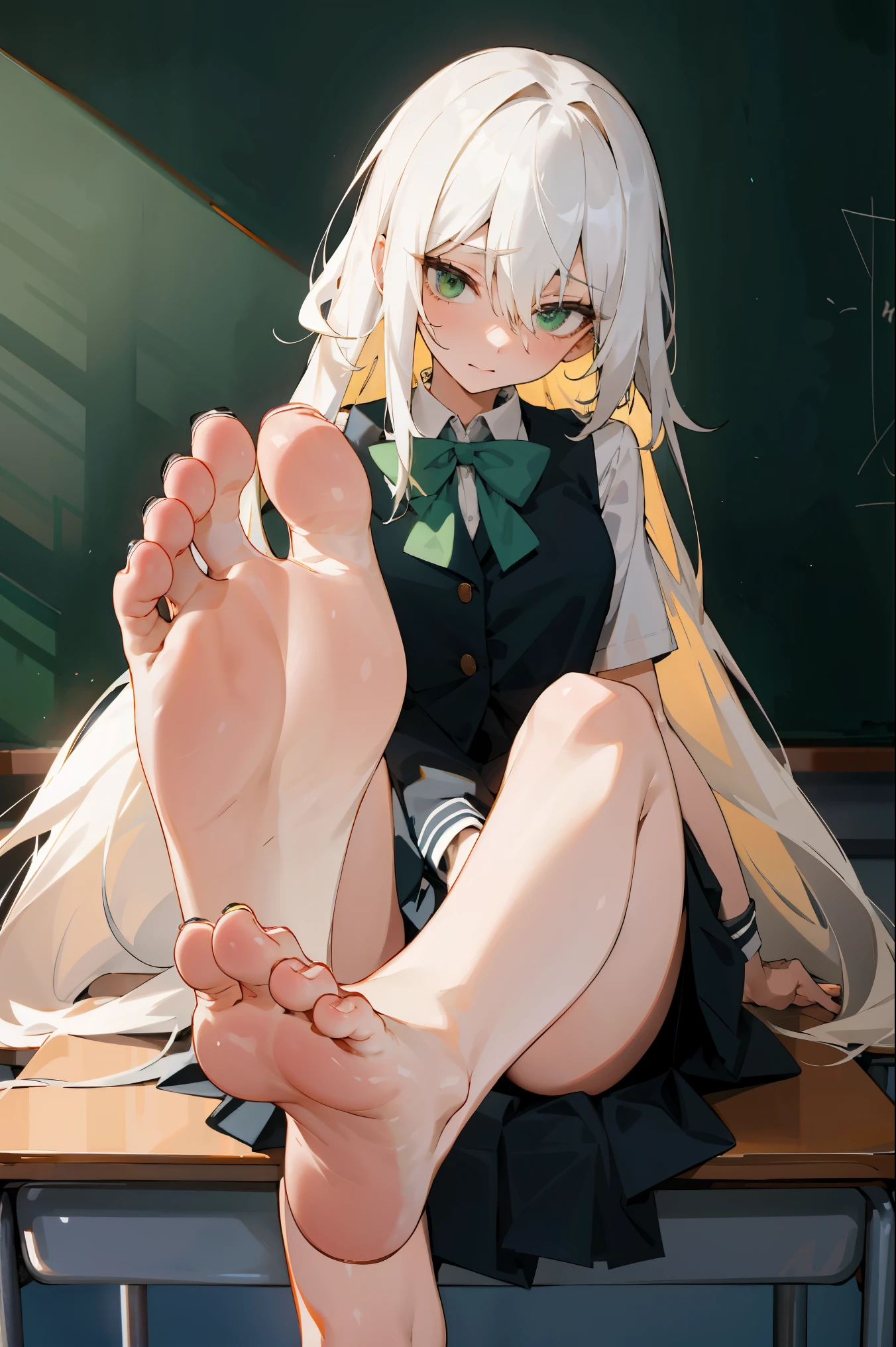 (masterpiece: 1.2, best quality), (real image, intricate details), 1 lady, alone, very slim body, small hip, showing feet, feet, school, school setting, long hair, minimal makeup, detailed face, hair very long light platinum blonde, bangs, hair between the eyes, green eyes, big breasts, small ass, clothing, school uniform, school skirt, school shirt, uniform, show the soles of the feet, show the feet, feet, correct the foot anatomy, (school classroom), (school), (perfect foot), (small feet), (showing feet), (five toes on each foot)