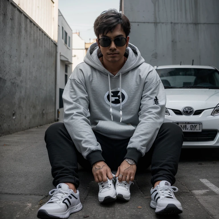 Create 3D illusion for a profile picture whare a 25-Year-old cute boy in a black hoodie sitting casually on a white Toyota . Wearing sneakers, and sunglasses, he looke ahead. The background features "bikash" in big and capital Yellow neno light fonts on the dark grey wall.