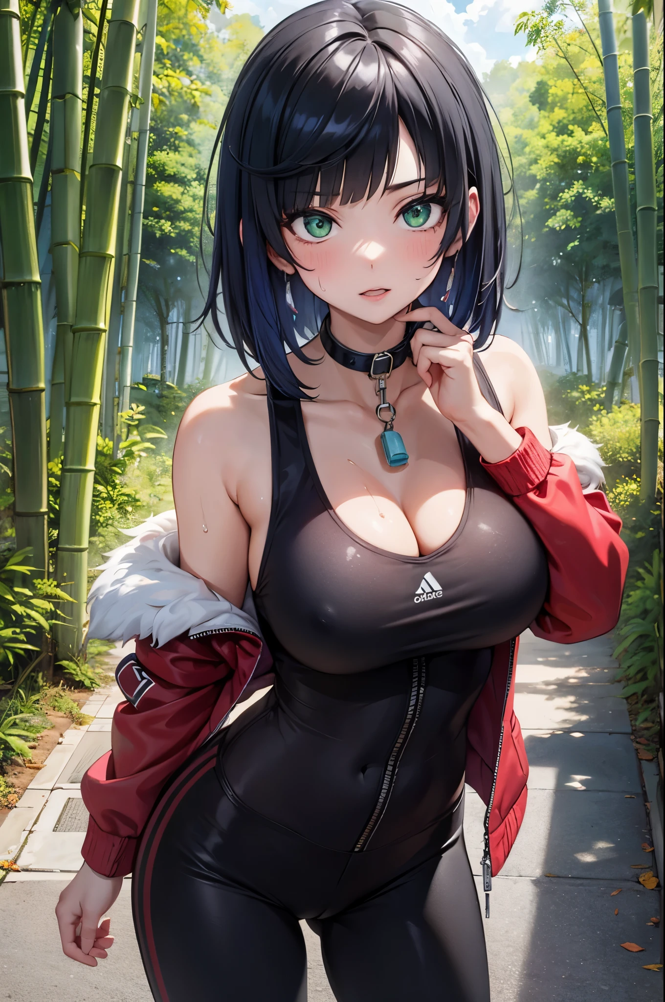 1 woman, 30 years old, perfect face, perfect eyes, MILF, mature, Bigger breasts, big breasts, slim waist, Extra long legs, sexy, porn show, only, (Bottom with: bamboo forest, dicks) She has very short black hair, standing, Sweating profusely, drenched body, seen from the front, straight hair, mostly cloudy sky, (((masterpiece)), (very detailed Unity 8K CG wallpaper), best quality, cinematic lighting , detailed background, beautiful eyes, bright, green eyes, ultra-detailed, masterpiece,), facing the camera, (upper body image), high resolution, ultra-detailed), revealing breasts, bulge, open legs, sexy posture , camel toes, hurried complexion, facade, slave collar (wearing: red baseball jacket, black leggings, sports shoes), full body, show shoes