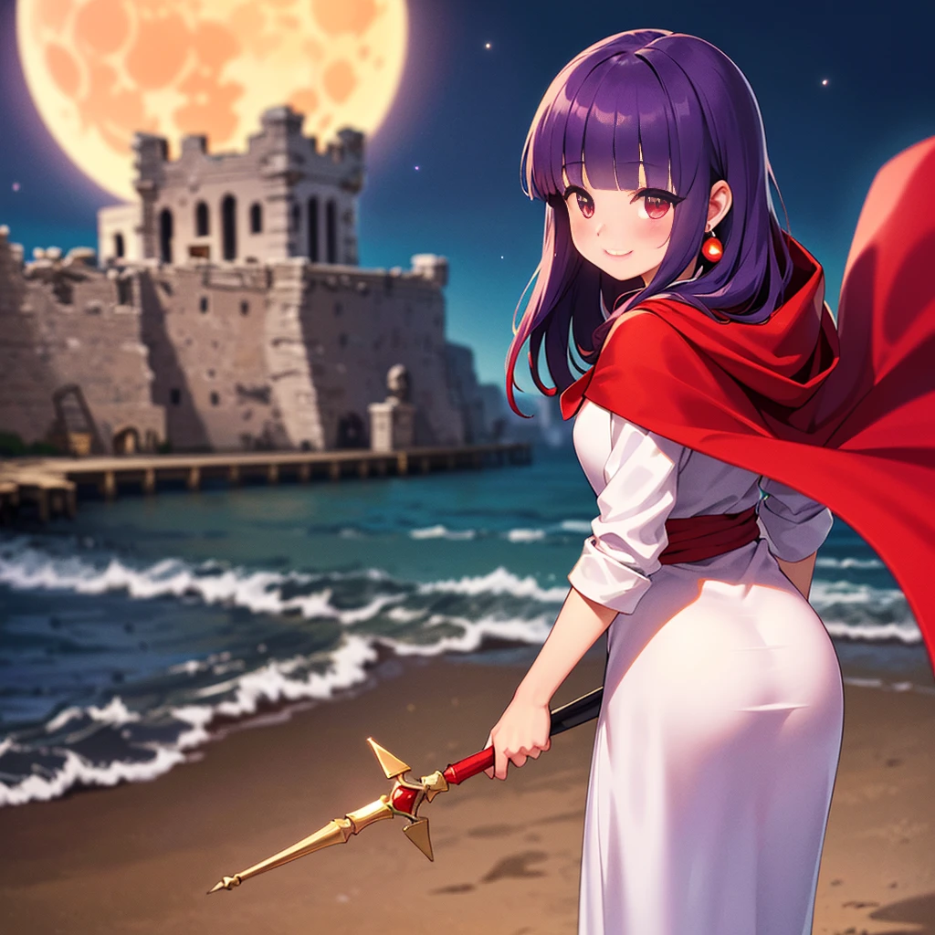 ((((DQ2 Princess Moonberg)))), ((1)), alone, , (((dark purple hair))), ((blunt bangs)), (fluffy long hair), (crimson eyes), ((((red hood)))), (Roto emblem on the hood), (((purple red stole))), Pearl Earrings, (((White robe with red edging))), ((Drooping eyes)), Holding a magic wand in his left hand,
((seaside)), Crescent Moon, Healing Magic, Ruined castle,
photo-realistic, sense of depth, Unorganized resolution, High resolution, 8K, 4K, detailed, highest quality, (RAW photo, highest quality, master:1.2), (realistic, Photoreal:1.37), ultra-detailedliert,
smile, look at the camera, blush all over the face, (walk), angle from behind, full body shot,