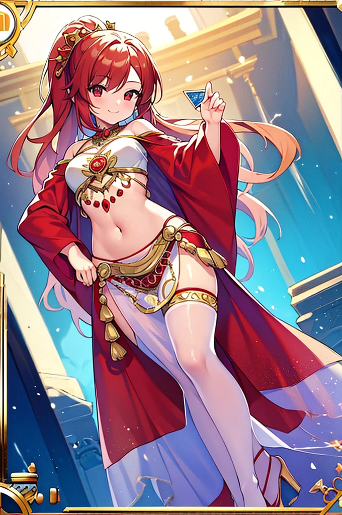 (MASTERPIECE), (Best Quality), (Ultra Detail), Official Art, One Girl, , smiling, belly dancer outfit, see-through , White and Red and Gold See-Through Dress, Off Shoulder, Small, flat chest, Thigh Focus, Navel, Card Illustration, Shrine