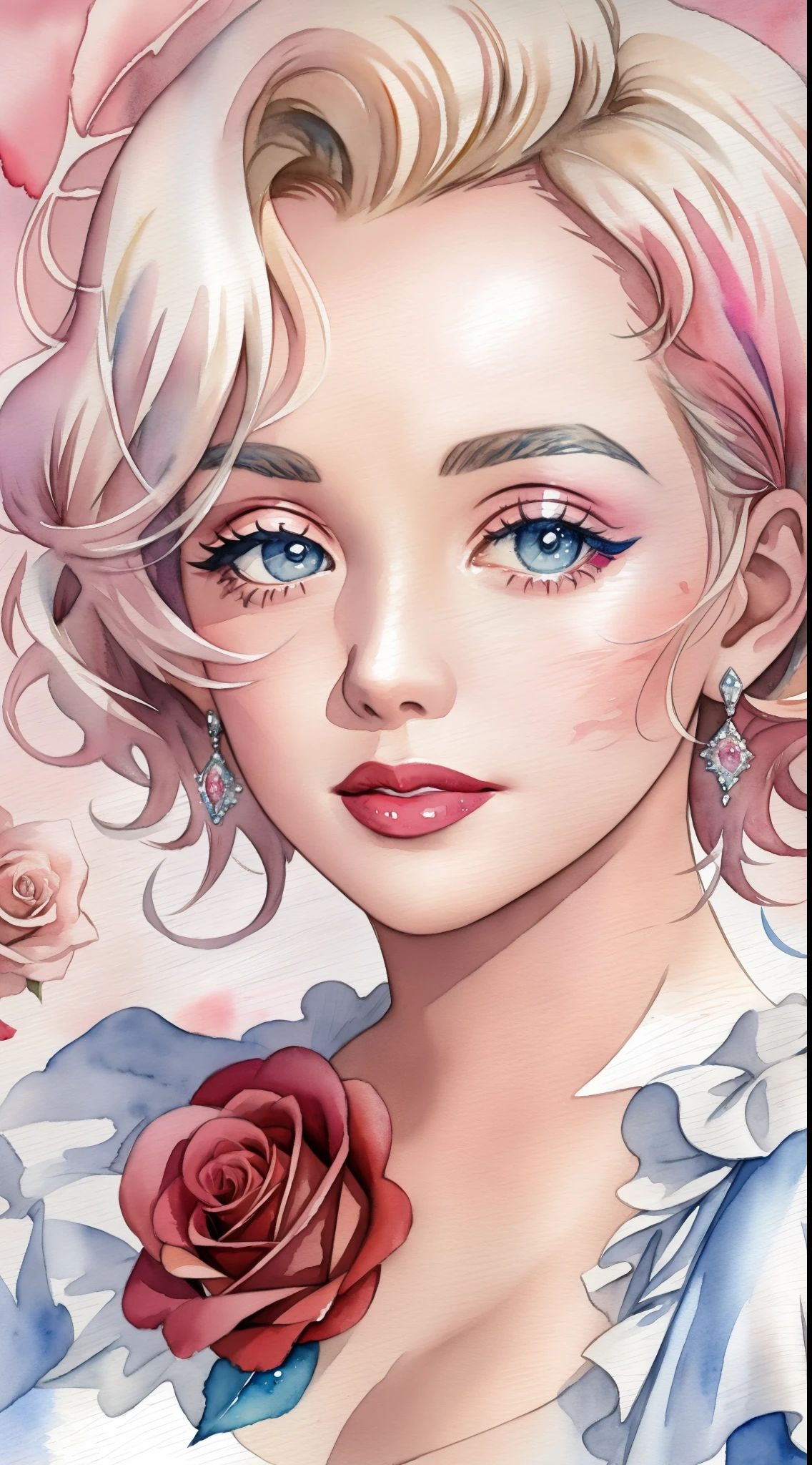 close up photo of Marilyn Monroe, watrcolor style, (rose) digital art, official art, blown by the wind, masterpiece, beautiful, ((watercolor)), paint splatter, intricate detail. Great detail, [dripping:0.7], Trending on Artstation, Rachel Walker