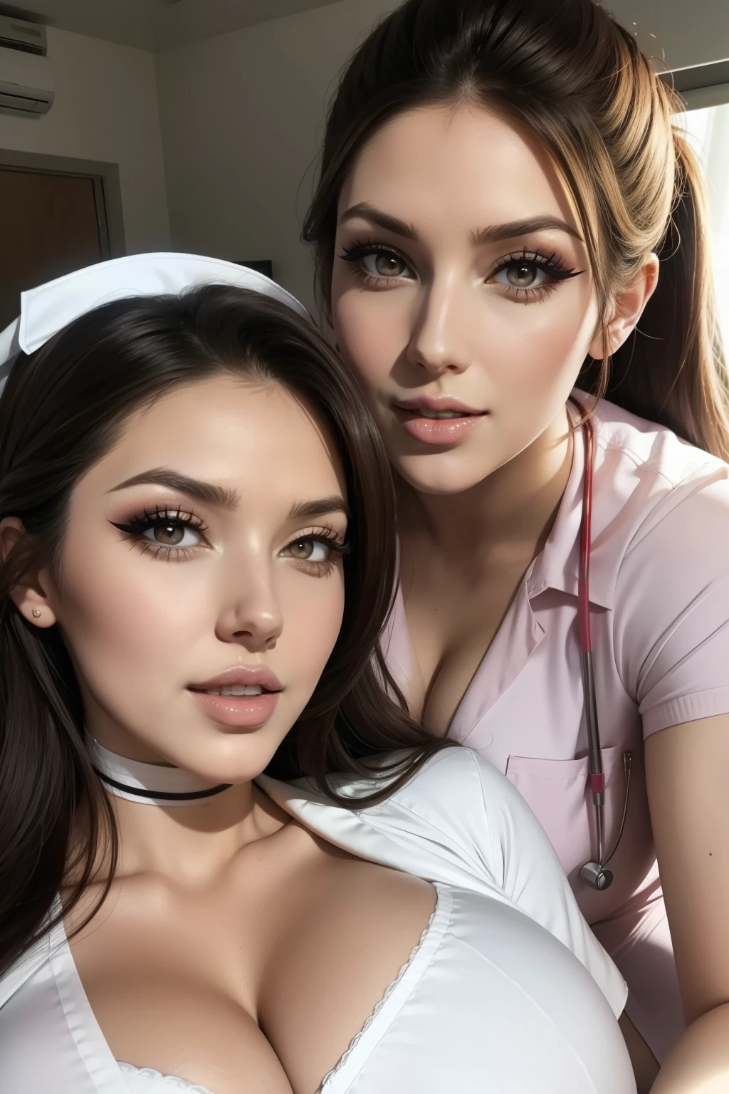 Lucy Pinder, ((Very intense makeup)), Nurse, smiling, (Angela White).