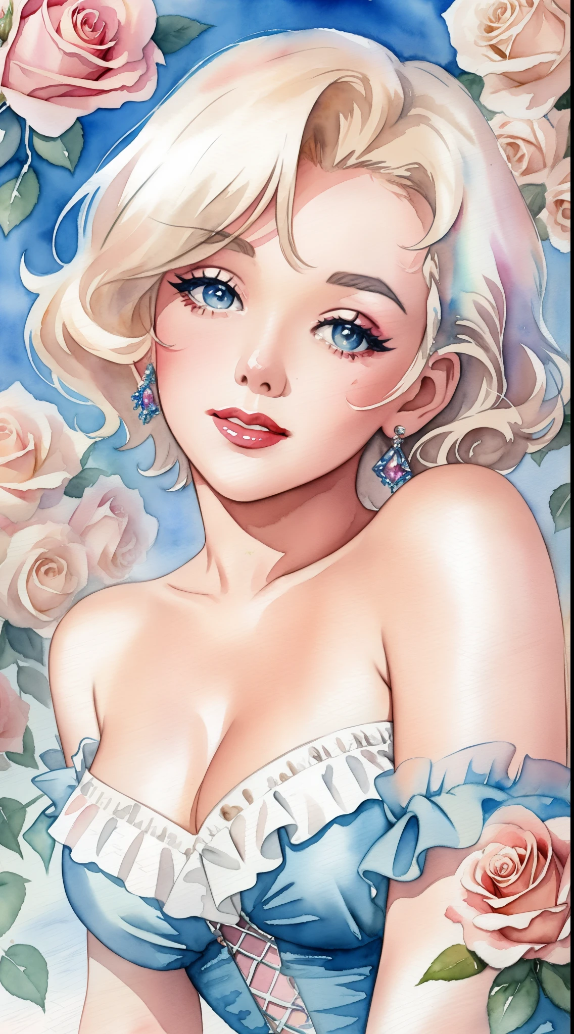close up photo of Marilyn Monroe, watrcolor style, (rose) digital art, official art, blown by the wind, masterpiece, beautiful, ((watercolor)), paint splatter, intricate detail. Great detail, [dripping:0.7], Trending on Artstation, Rachel Walker