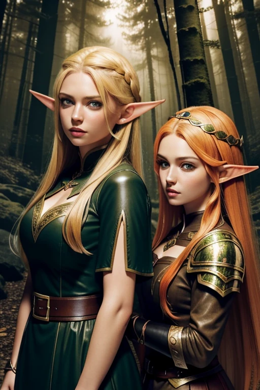 (masterpiece), best quality, expressive eyes, perfect face, two adventurer girls, ( 1 girl, elf ears, blond hair, green eyes, green dress, jewelry, magic user), ( 2 girl, elf ears, orange hair, brown eyes, leather armor, fighter) , magical forest background