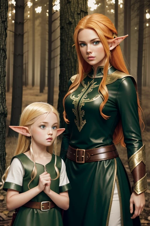 (masterpiece), best quality, expressive eyes, perfect face, two adventurer girls, ( 1 girl, elf ears, blond hair, green eyes, green dress, jewelry, magic user), ( 2 girl, elf ears, orange hair, brown eyes, leather armor, fighter) , magical forest background