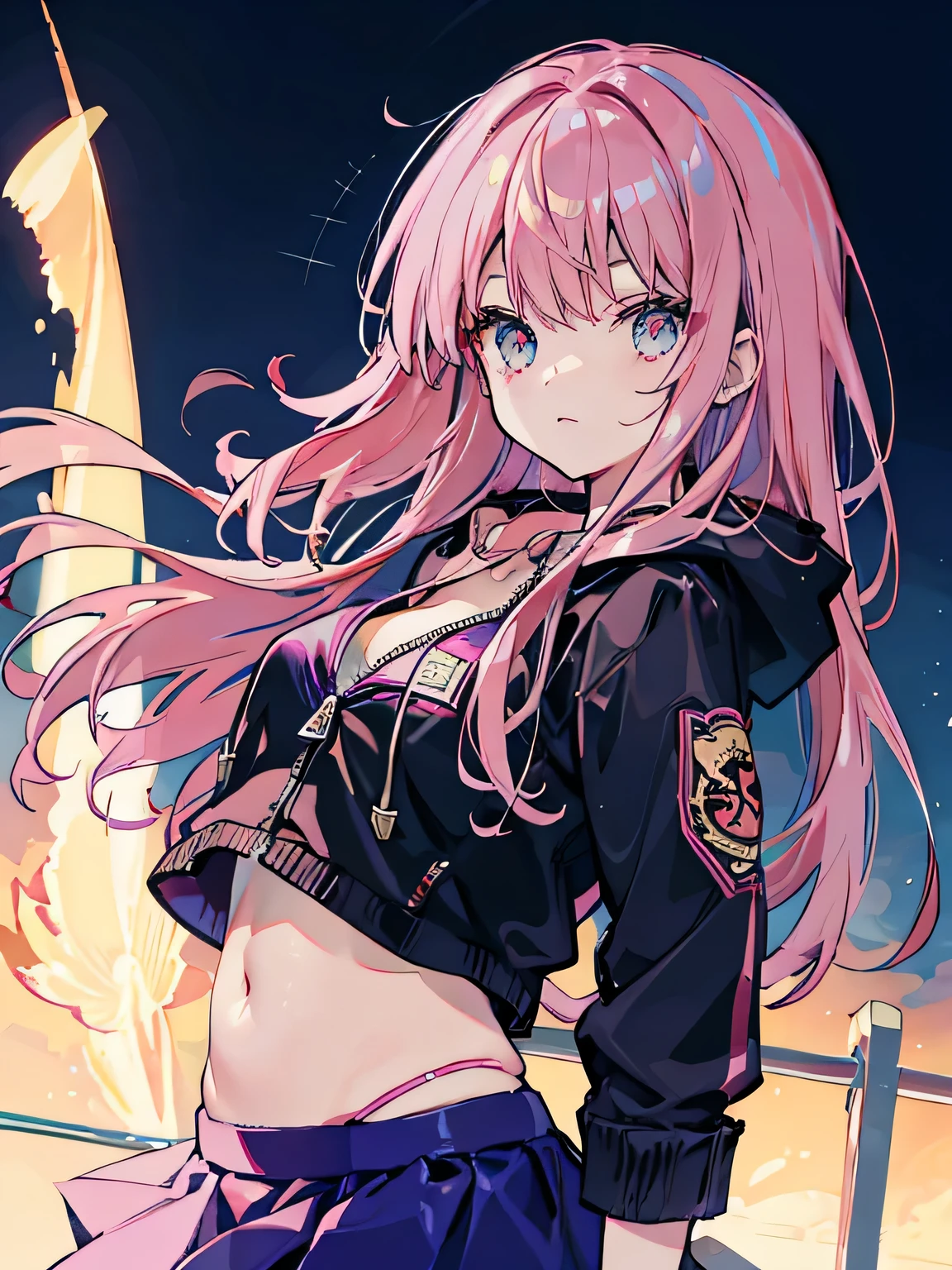 Beautiful woman Japanese 20generation semi-long pink hair Navy color zip hoodie that closes halfway. skirt bikini