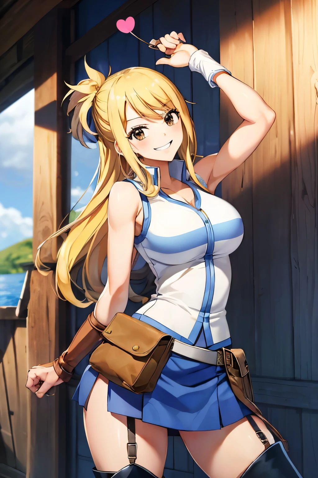 (masterpiece, best quality:1.2), solo, 1girl, lucy heartfilia, grin, looking at viewer, arms behind back, blue sleeveless shirt, miniskirt, belt pouch, thigh boots 、全身照