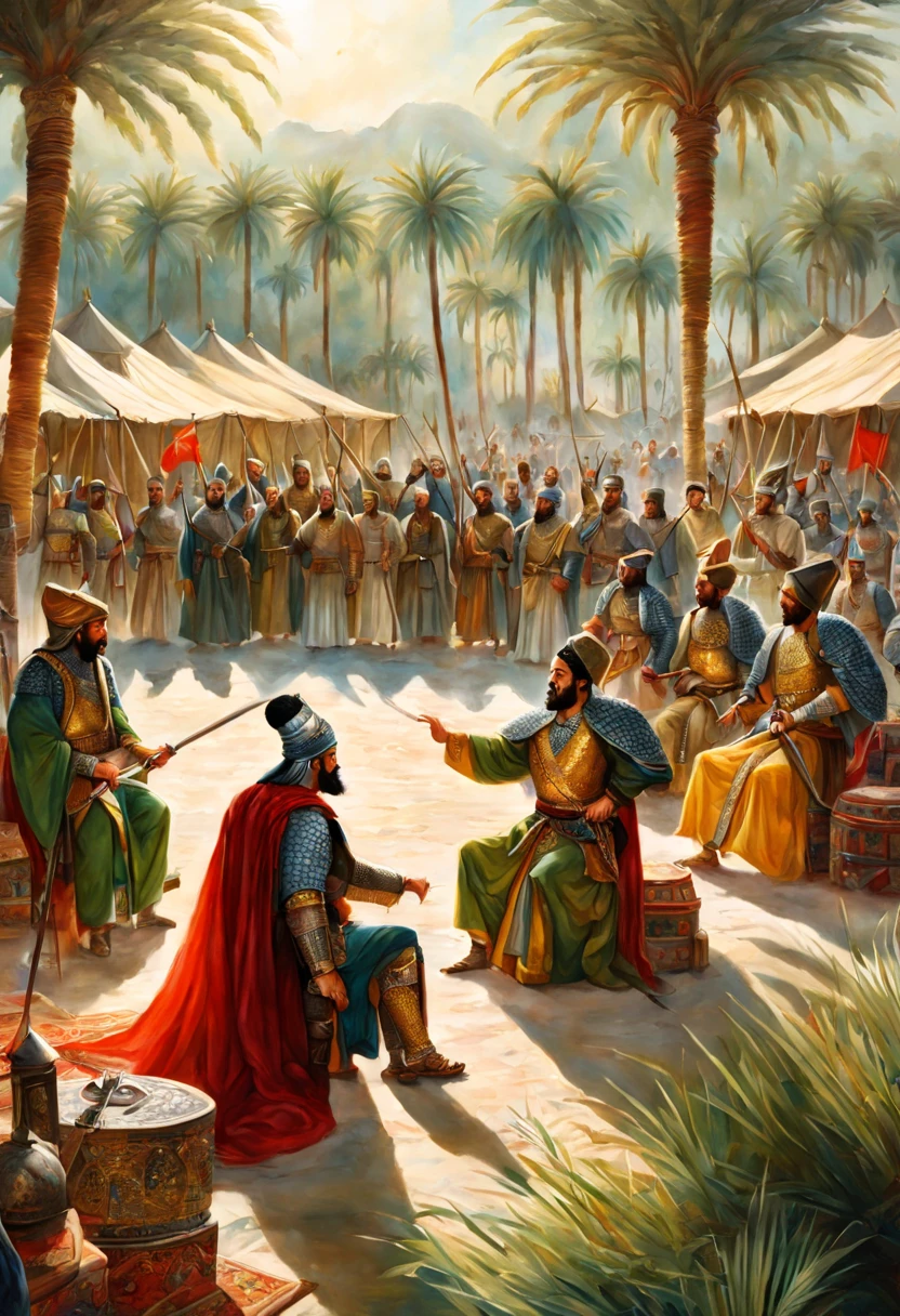 Super Realistic in acrylic with Chinese style watercolors, beautiful of cinematic lighting, epic scene of fierce debate scene between ancient Persian commanders, arms and legs waving angrily, luxurious Persian aristocratic attire, many soldiers wearing Persian armor with weapons ready standing at attention waiting for orders, behind is many Persian-style tent, an oasis environment overgrown with many palm trees desert