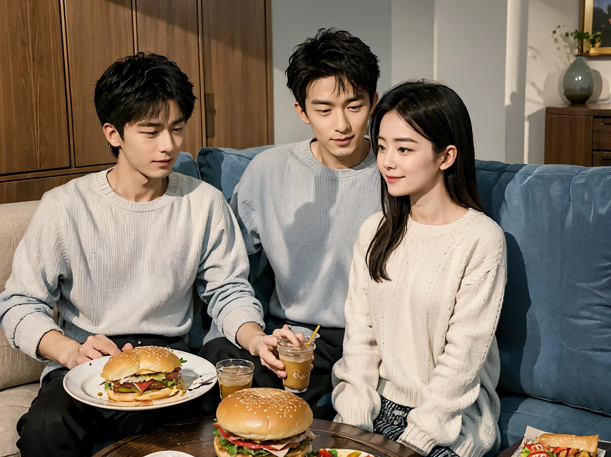 Japanese male and female couples aged 28-35. Russian smile, watching a film and eating a hamburger on living room sofa. Long-sleeved clothing. Fashionable clothes. Man wears light beige knit. Woman is wearing a light blue knit. The woman is drinking a Coke. The man is happily sitting on a sofa. On the table is a bag containing a hamburger. A peaceful everyday scene of a happy dinner. --no beard. --ar 3:2 --v 6.0 --style raw