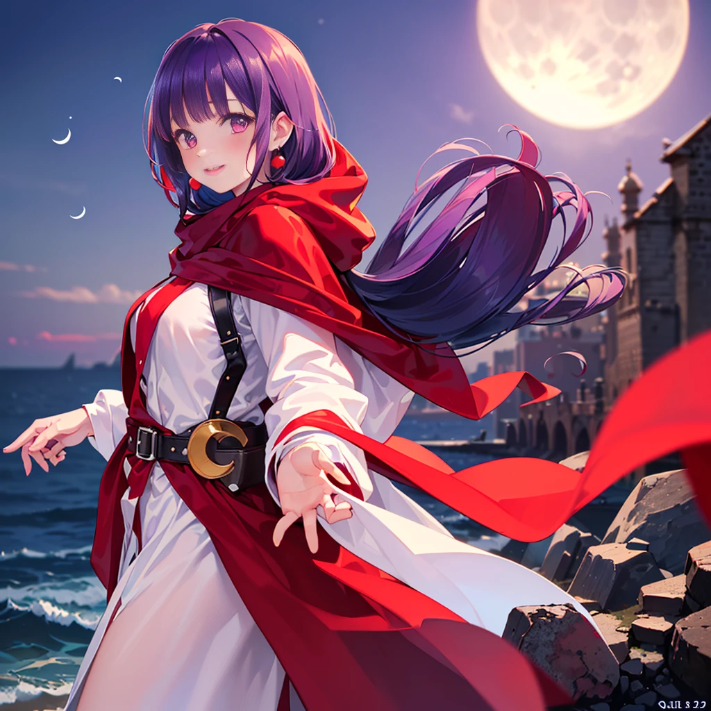 ((((DQ2 Princess Moonberg)))), ((1)), alone, 13 years, (((dark purple hair))), ((blunt bangs)), (fluffy long hair), (deep red eyes), ((((red hood)))), (Roto emblem on the hood), (((purple red stole))), Pearl Earrings, (((White robe with red edging))), ((droopy eyes)), Holding a magic wand in his left hand,
((seaside)), Crescent Moon, Healing Magic, Ruined castle,
photo-realistic, sense of depth, Unorganized solutions, High resolution, 8K, 4K, be familiar with, highest quality, (RAW photo, highest quality, master:1.2), (realistic, Photoreal:1.37), ultra-be familiar withliert,
smile, look at the camera, blush all over the face, (walk), angle from behind, full body shot,