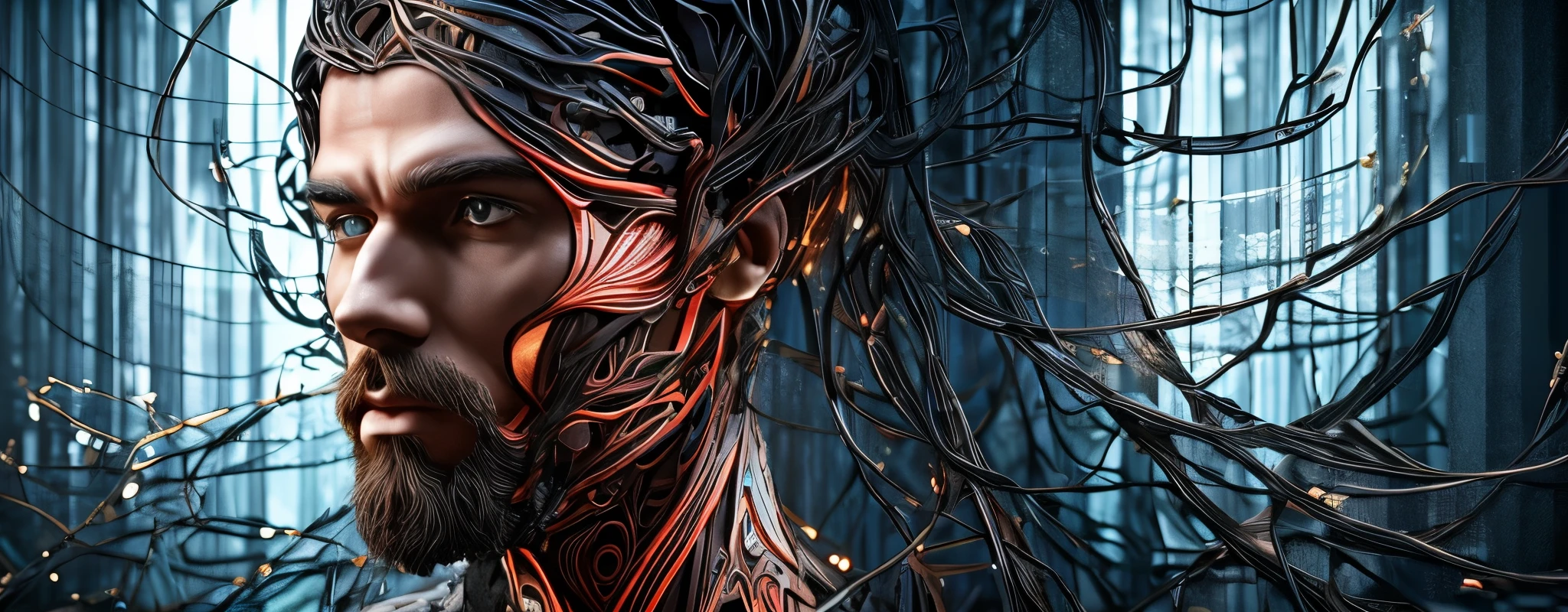 Electronic Systems On-Head male Humanoid ||beard|Mulher Ciborgue | solo |With a detailed brain you can see| With a delicate heart that can be seen| Fio Detalhe Muscular | Pele realista| Biopunk | cybernatic | Cyberpunk | Canon M50 | 100mm| sharp focus | Gentilmente| Hiper-realismo | Muito detalhado| Detalhes intrincados | Vascular Expression | Telegraph |