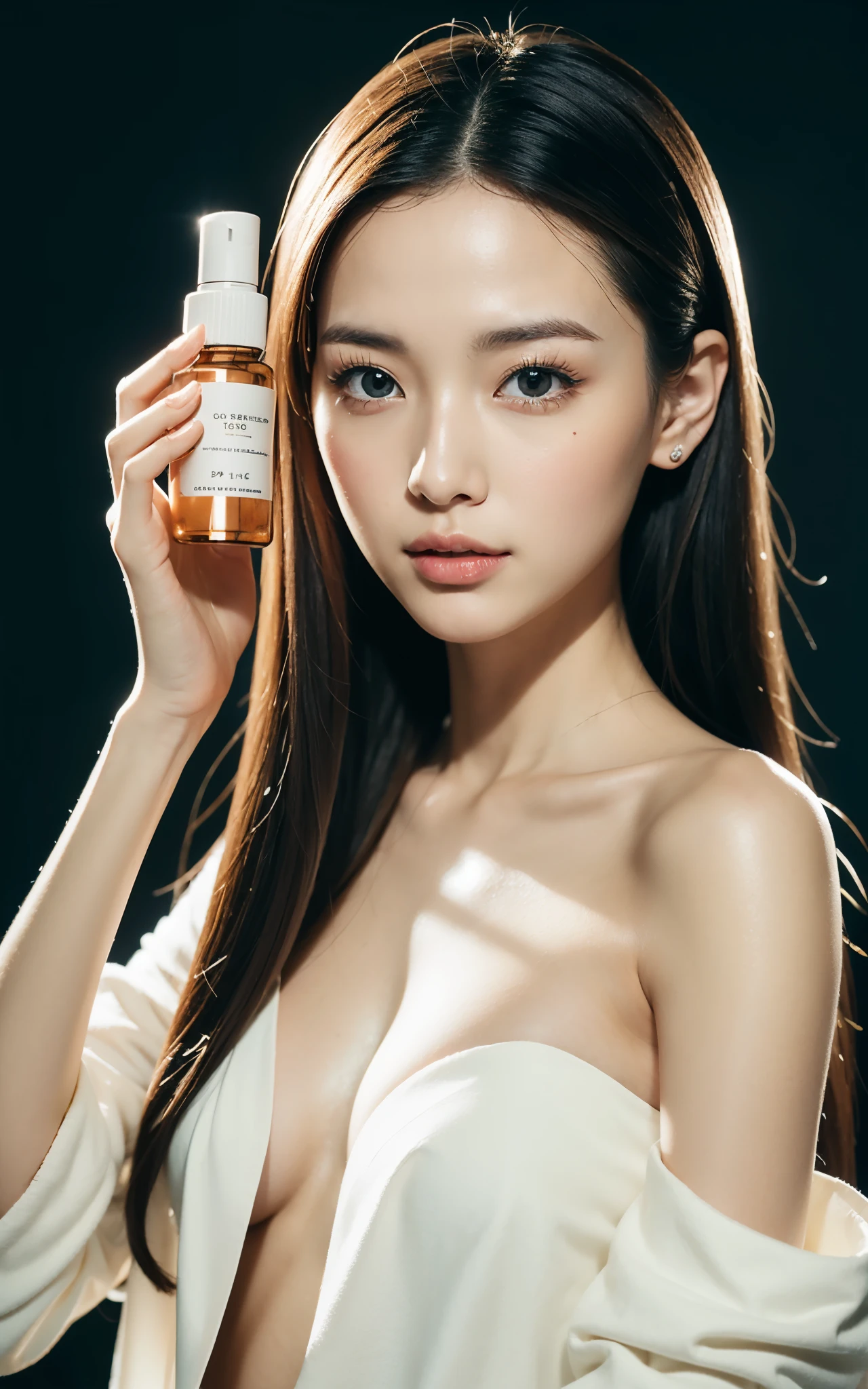 1 FEMALE-FOCUSED, A BEAUTIFUL FEMALE MODEL HAS A COSMETIC BOTTLE IN HER HANDS, WEARING WHITE SHIRT, THE MODEL'S SKIN IS HEALTHY AND CLEAR, AND THE COSMETICS BOTTLE SHINES LUXURIOUSLY, SKIN CARE, FLOWER, COSMETICS COMMERCIAL PHOTOS, CLEAN ATMOSPHERE, IN THE STUDIO, SHOT ON HASSELBLAD CAMERA, MEDIUM FORMAT, DRAMATIC LIGHTING, LUXURY BRAND COSMETIC