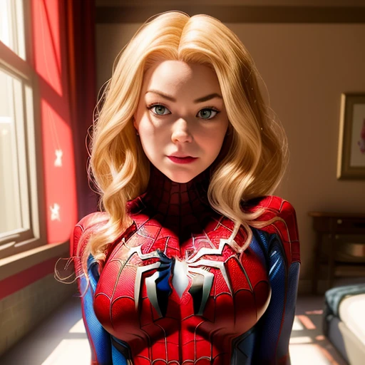spider - man girl in a red and black half zippered up costume posing for a picture, gwen stacy, ( ( spiderwoman ) ), spider - verse art style, photorealistic fan art, highly detailed exquisite fanart, realistic art style, photorealistic disney, hyper realistic anime, portrait of spiderman, ultra mega super hyper realistic, super detailed and realistic, inspired by Mary Jane Begin