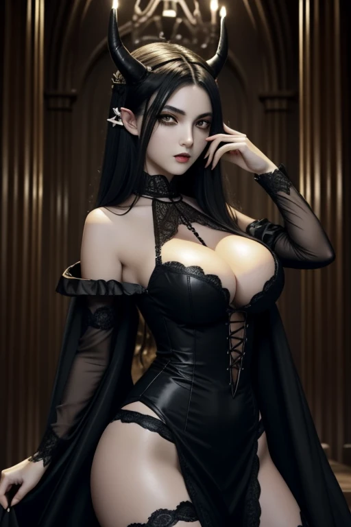(masterpiece), best quality, expressive eyes, perfect face, a beautiful demon girl with pointed horns with long black hair, yellow eyes, ???????????, thin waist, very beautiful, wearing gothic clothes, Dutch angle