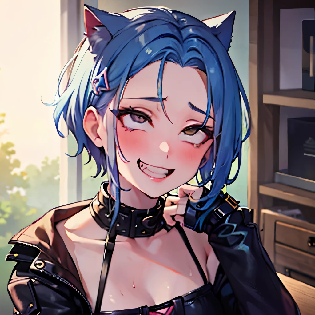 1girl, punk, punk mohawk, ahegao, ahg, rolling eyes, grin, sweat
